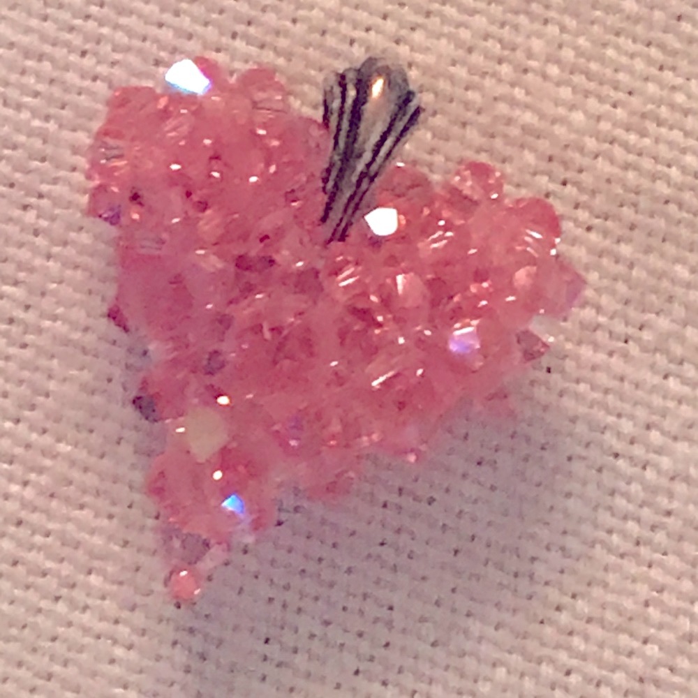 Heart Pendant Stitched Pink Bicone Crystal Beads Sterling Silver Bail Valentine